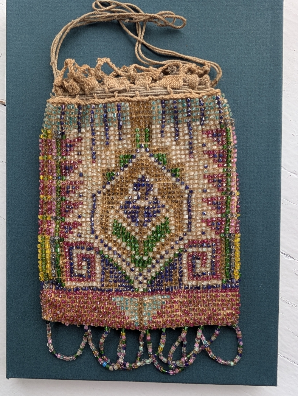 Vintage Victorian Hand Beaded Floral Mesh Purse in Tan, Green & Purple